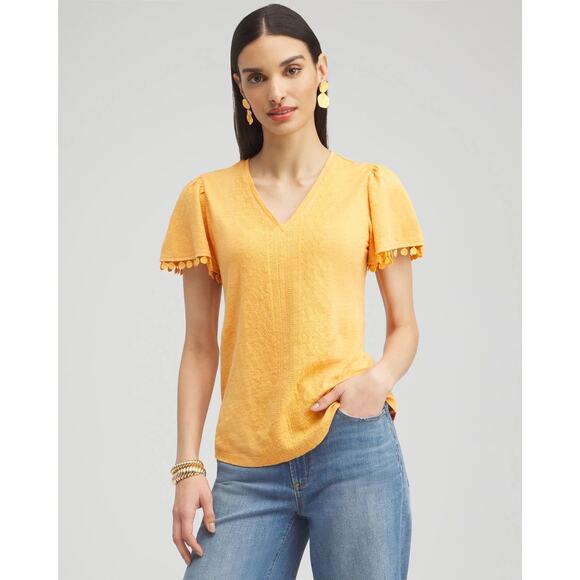 Chicos Orange Tassel Sleeve Embroidered Linen Top Womens 2 LG Boho Vacation - Picture 1 of 11